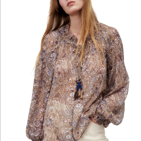 Zara Women Size M Blouse V Neck Long Sleeve Ruffle Sheer Top Paisley Tassel - Picture 2 of 14